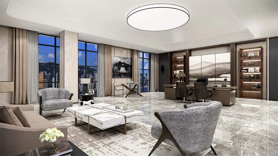 Spacious Modern Office Interior With Large Windows City View Sofa Coffee Table And Desk 3d model