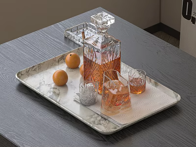 Whiskey Decanter and Glasses on Marble Tray with Oranges on Gray Tabletop and Decorative Elements 3d model