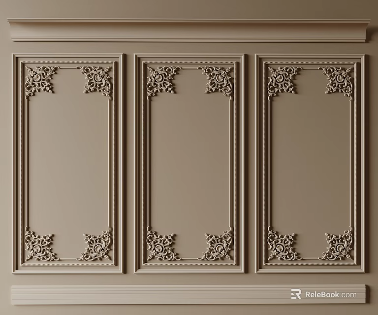 Decorative Gypsum Molding With Intricate Patterns On Three Beige Wall Panels 3d model