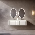 Modern Bathroom Interior With White Vanity Double Oval Mirrors Gray Wall And Hanging Lamp