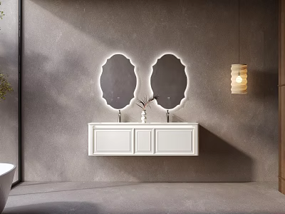 Modern Bathroom Interior With White Vanity Double Oval Mirrors Gray Wall And Hanging Lamp 3d model