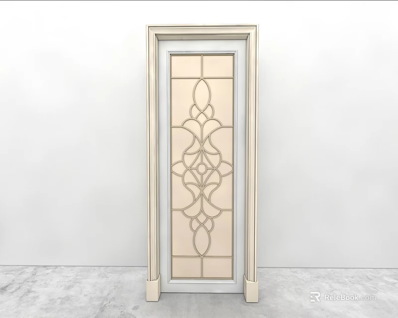 Swing Door With Gold Frame And Patterned Glass Design In Modern Interior 3d model