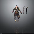 3D Fantasy Character Model In Black Gold Trimmed Coat With Swords And Scabbard