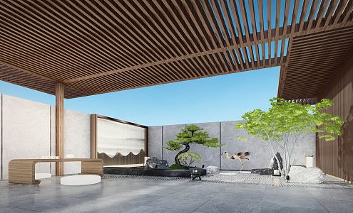 Japanese-style courtyard dry landscape courtyard landscape stone rockery landscape tree Zen landscape sketch 3d model