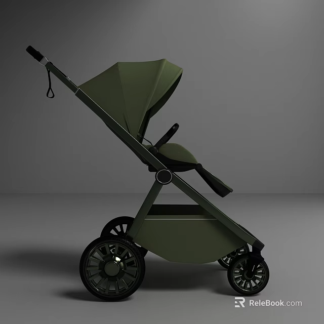 Green Modern Baby Stroller With Sleek Frame And Large Wheels Design 3d model 