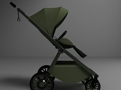 Green Modern Baby Stroller With Sleek Frame And Large Wheels Design 3d model