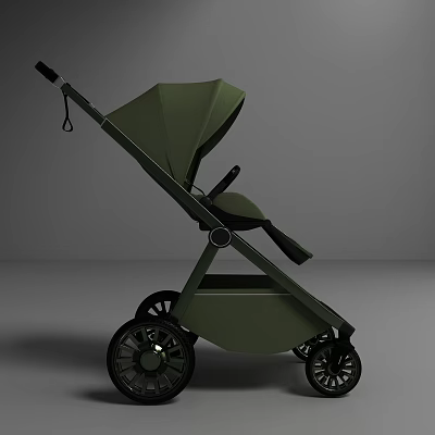Green Modern Baby Stroller With Sleek Frame And Large Wheels Design 3d model