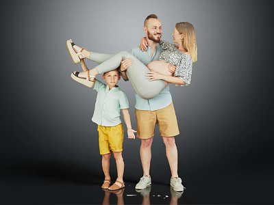 Happy Family Of Three With Pregnant Mother Father Holding And Child Standing 3d model