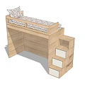 Wooden Loft Single Bed with Storage Drawer Stairs and Patterned Bedding Pillows 3d model