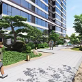 Residential Garden Landscape Design With High Rise Building Surrounding Greenery Trees And Parking Spaces