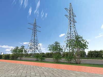 Rural Landscape Featuring High Voltage Towers Blue Sky Roadside Trees And Green Vegetation 3d model