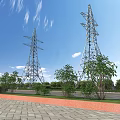 Rural Landscape Featuring High Voltage Towers Blue Sky Roadside Trees And Green Vegetation