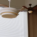 Minimalist Interior With Layered White Ceiling Lamp Wooden Wall And Window Blinds
