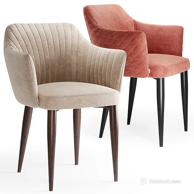 Striped And Tufted Accent Chairs In Beige And Red With Dark Wooden Legs 3d model 
