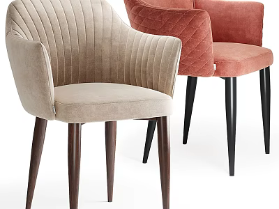 Striped And Tufted Accent Chairs In Beige And Red With Dark Wooden Legs 3d model