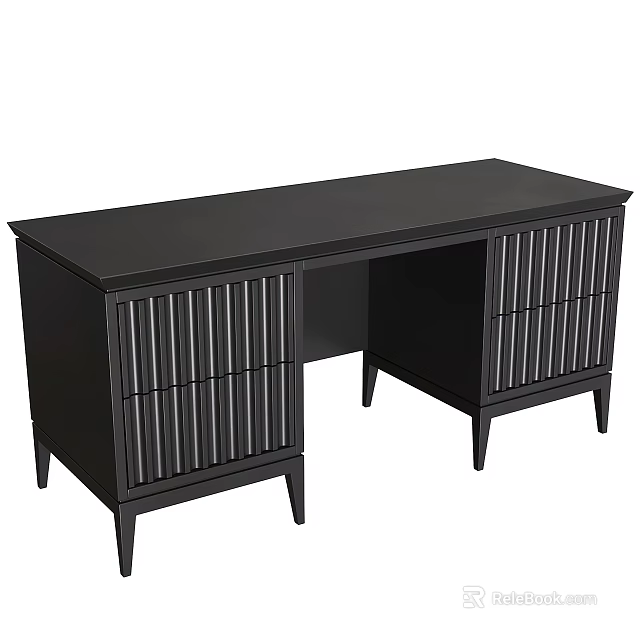 Modern Black Desk With Slatted Doors Rectangular Top And Storage Cabinets 3d model 