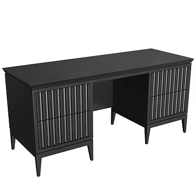 Modern Black Desk With Slatted Doors Rectangular Top And Storage Cabinets 3d model