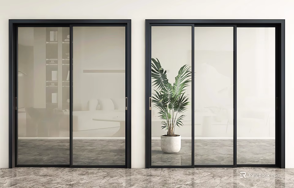 Modern Black Frame Glass Sliding Doors in Bright Living Room with Potted Plant 3d model 