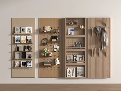 Minimalist Modern Wall Hangings On Wooden Pegboards With Photos Plants Hat Keys And Books 3d model