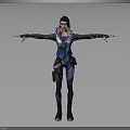3D Female Character Model In Blue Purple Outfit With Arms Outstretched And Utility Belt