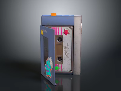 Vintage Computer Cassette Case With Colorful Stickers Stars Stripes And Mix Tape Label 3d model