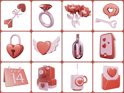 Valentine's Day three-dimensional graphics flowers diamond ring heart-shaped lock cup bottle 3d model