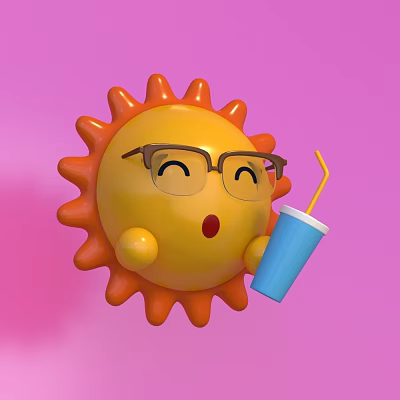 Cute Sun Shaped Doll With Glasses Smiling Face Holding Blue Cup On Pink Background 3d model