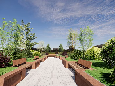 Beautiful Flowers and Plants in Serene Garden with Path Benches and Green Lawn 3d model