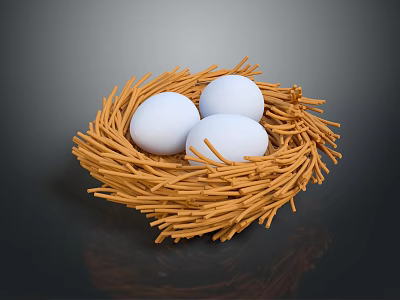 Three White Eggs Resting In A Natural Straw Nest On Dark Surface 3d model