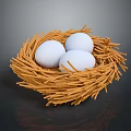 Three White Eggs Resting In A Natural Straw Nest On Dark Surface 3d model