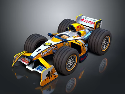 Yellow and Silver Formula 1 Race Car with Large Wheels Streamlined Design and Sponsor Logos 3d model