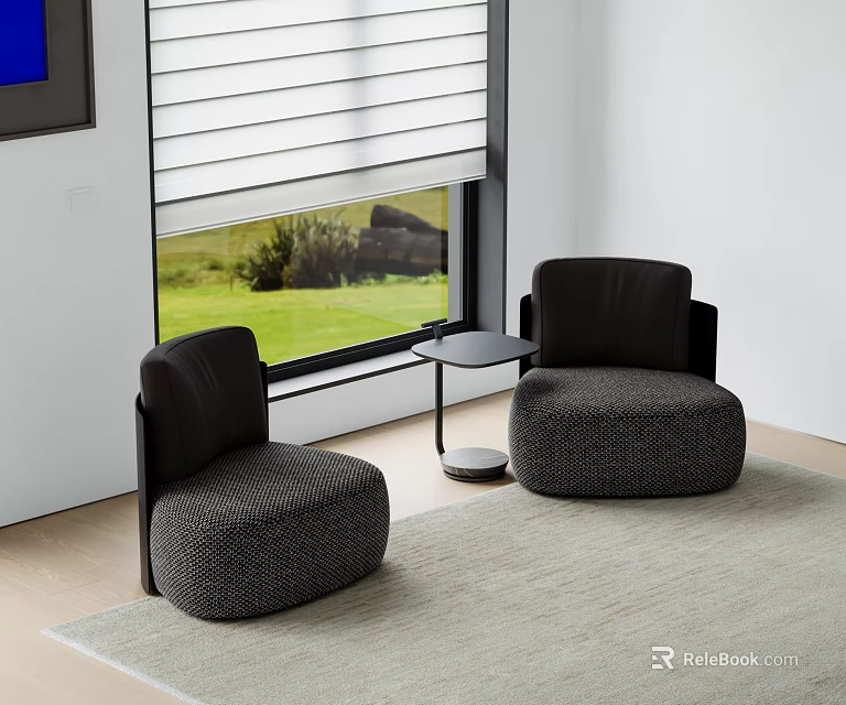Two Modern Leisure Chairs With Small Round Side Table And Green Lawn View 3d model
