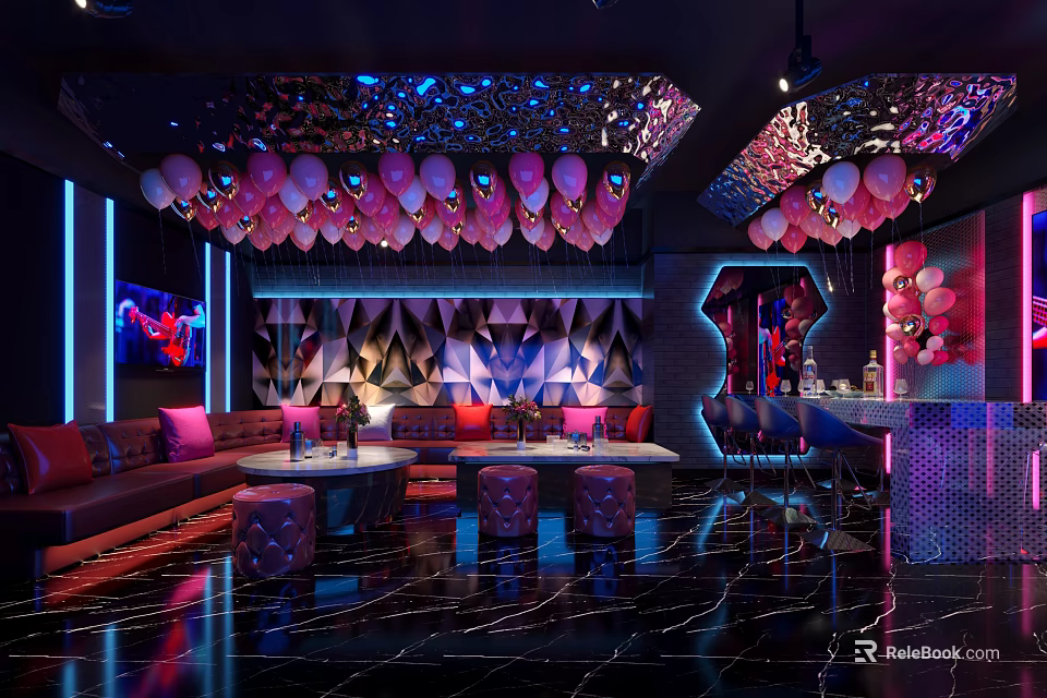 Luxury KTV Room Interior With Colorful Lighting LED Screen Sofa Seating And Balloon Decorations 3d model 
