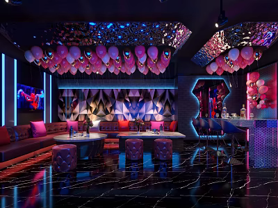 Luxury KTV Room Interior With Colorful Lighting LED Screen Sofa Seating And Balloon Decorations 3d model