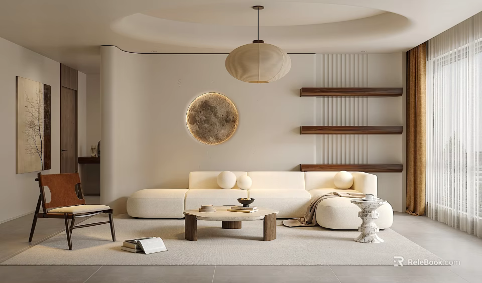 Modern Living Room Interior With Beige Sofa Round Pendant Light And Circular Wall Decor 3d model 
