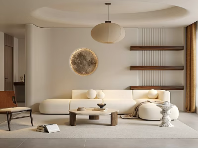 Modern Living Room Interior With Beige Sofa Round Pendant Light And Circular Wall Decor 3d model