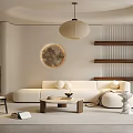 Modern Living Room Interior With Beige Sofa Round Pendant Light And Circular Wall Decor