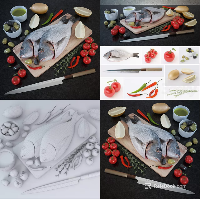 Raw Fish with Tomatoes Lemons Olives Chili Peppers and Knife on Cutting Board 3d model 