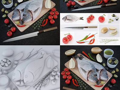 Raw Fish with Tomatoes Lemons Olives Chili Peppers and Knife on Cutting Board 3d model