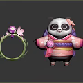 Cute Panda Game Character In Pink Purple Kimono With Flower And Green Ring