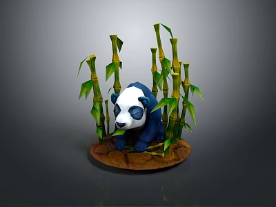 Panda Sculpture Surrounded by Green Bamboo Stalks and Leaves on Wooden Base 3d model