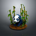 Panda Sculpture Surrounded by Green Bamboo Stalks and Leaves on Wooden Base