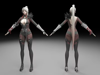 3D Female Character Model with White Long Hair Black Red Outfit Wing Decorations Mechanical Elements 3d model