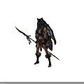 Woman in Wolf Head Decorated Outfit Holding Spear with Feather Details