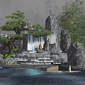 Courtyard Garden With Rock Waterfall Pine Tree Reflective Pond And Surrounding Green Trees