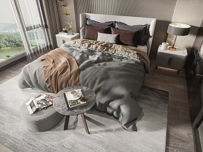 Modern Double Bed with Grey Headboard Brown Beige Bedding Nightstands and Green View 3d model