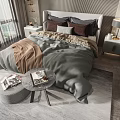 Modern Double Bed with Grey Headboard Brown Beige Bedding Nightstands and Green View