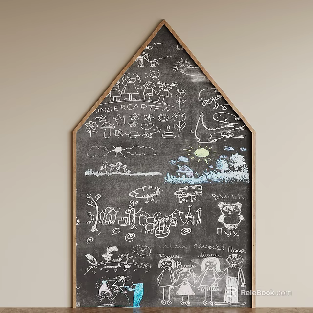 House Shaped Chalkboard Wall Decor With Hand Drawn Kids Doodles And Art 3d model 