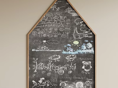 House Shaped Chalkboard Wall Decor With Hand Drawn Kids Doodles And Art 3d model