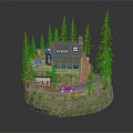 Log Cabin Architecture Surrounded By Pine Trees With Driveway And Cars On Rocky Base